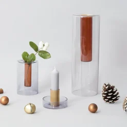 Duo Tone Glass Candlestick, Grey + Orange