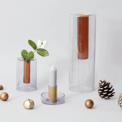Duo Tone Glass Candlestick, Grey + Orange