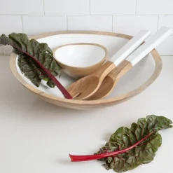 Extra Large Serving Bowl, Mango Wood and White Enamel
