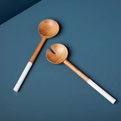 Large Serving Bowl, Mango Wood and White Enamel